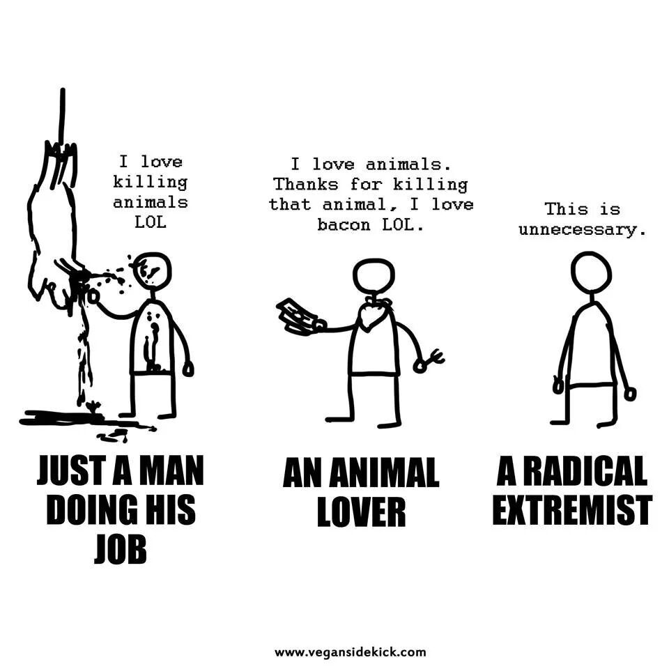 A black-and-white cartoon from Vegan Sidekick showing three stick figures illustrating society’s views on animal exploitation. The first figure, labelled "Just a man doing his job," is covered in blood while killing a hanging animal and saying "I love killing animals LOL." The second figure, labelled "An animal lover," holds bacon and says "I love animals. Thanks for killing that animal, I love bacon LOL." The third figure, labelled "A radical extremist," stands simply saying "This is unnecessary." The image satirises how people perceive those who question animal use as extreme while normalising violence.