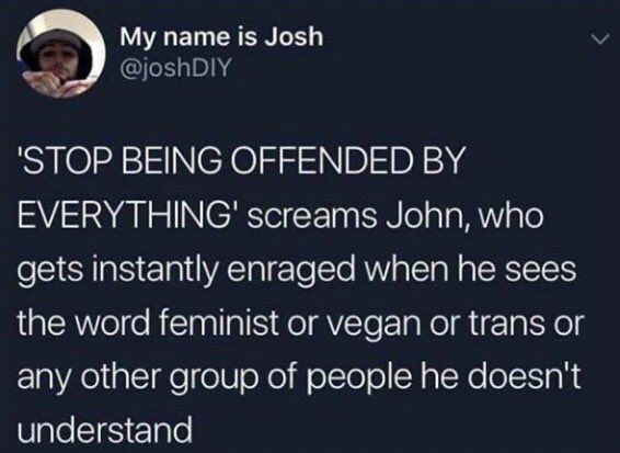 The image is a screenshot of a tweet from a user named Josh (@joshDIY). The tweet reads: "'STOP BEING OFFENDED BY EVERYTHING' screams John, who gets instantly enraged when he sees the word feminist or vegan or trans or any other group of people he doesn't understand."