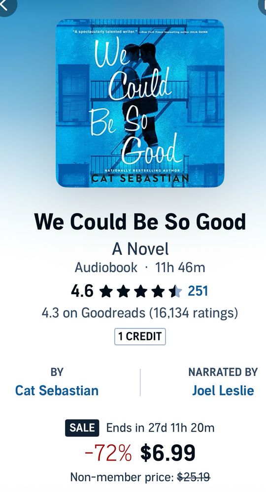 Ad from Audible.com featuring We Could Be So Good by Cat Sebastian 