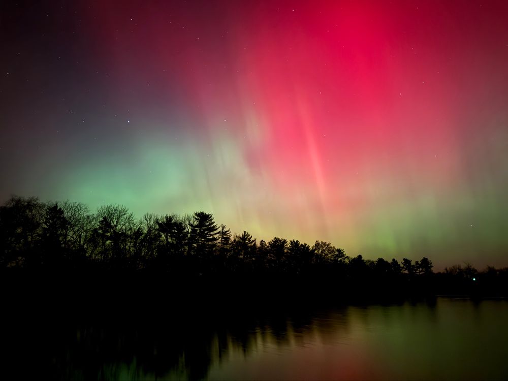 BRIGHT RED AURORAS ATOP TREES AND A STILL POND