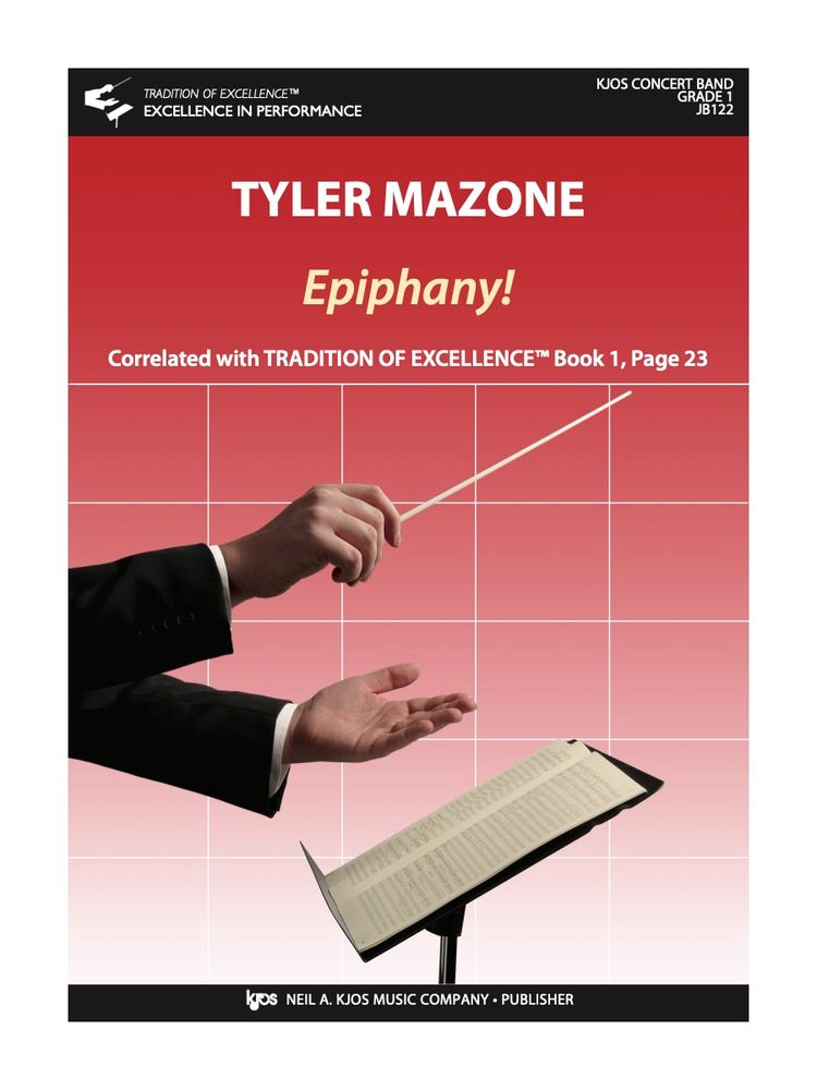 A red cover page with conductor hands and a stand, with the title "Epiphany!"