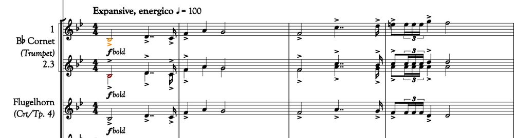 a fanfare motif on cornet and flugelhorn staves