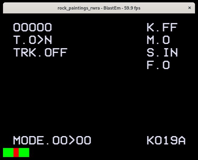 A screenshot showing BlastEm's emulation of the LaserActive main unit. Test mode has been entered causing a decent amount of text to be displayed via the character generator overlay and all front-panel LEDs have been turned on.