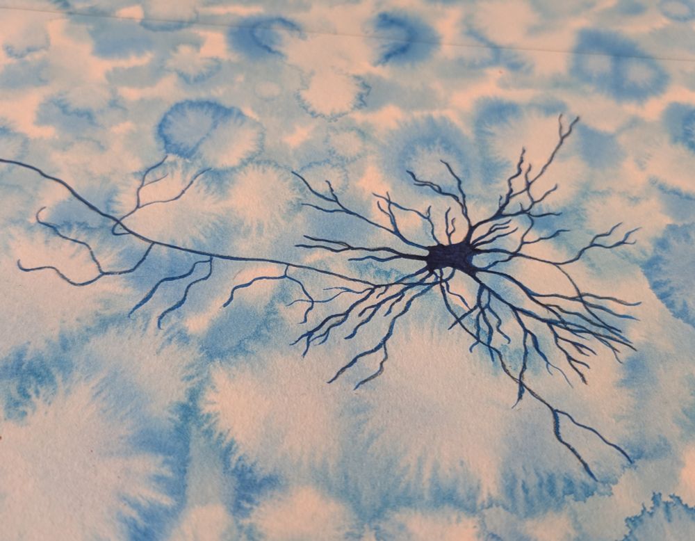 Watercolor neuron painting on pale blue background