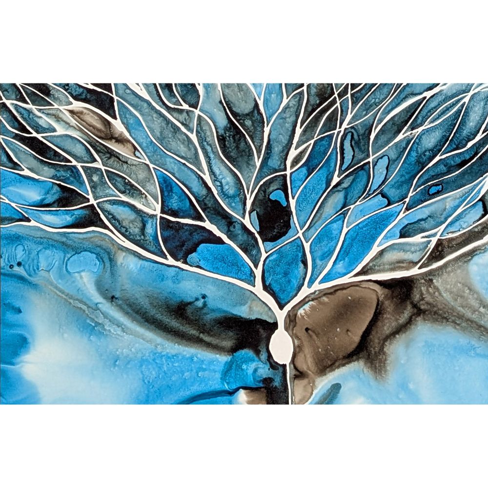 purkinje neuron in blue and gray ink with white lines 