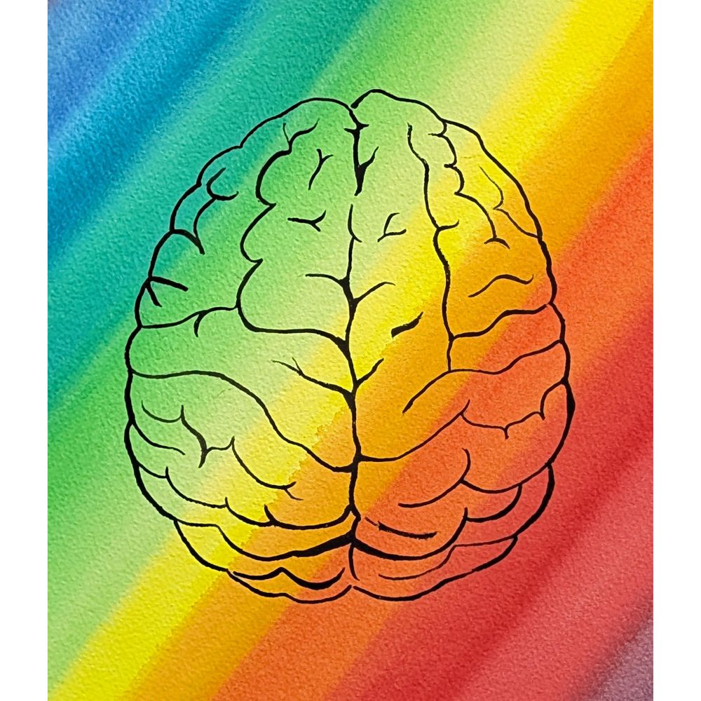 brain image on watercolor rainbow background 