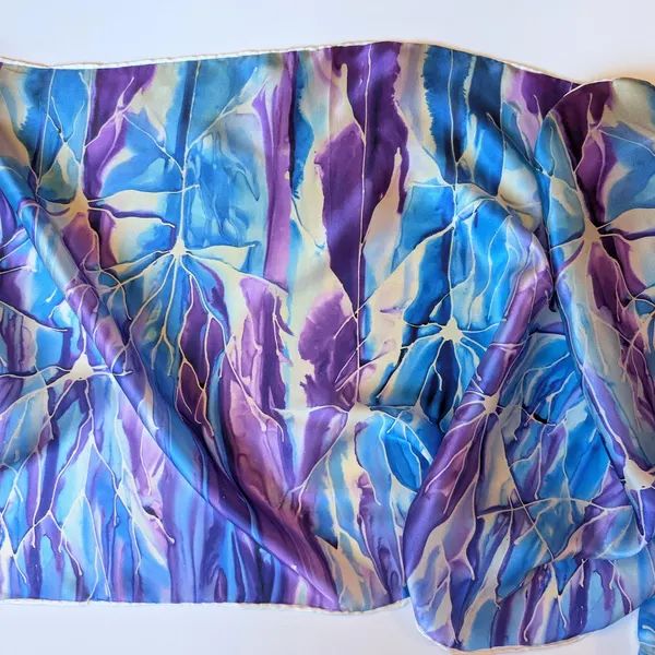blue and purple silk scarf with neuron design in white 