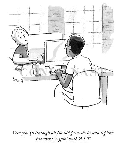 2 men at computers, one asks the other - can you go through all the old pitch decks and replace the word crypto with AI?