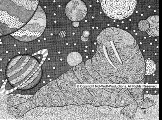 Highly detailed drawing of a walrus with planets