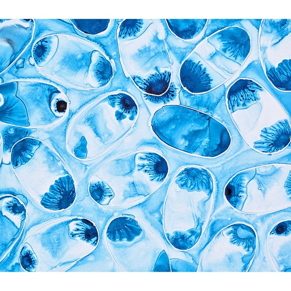 blue and white ink painting with oval shapes 
