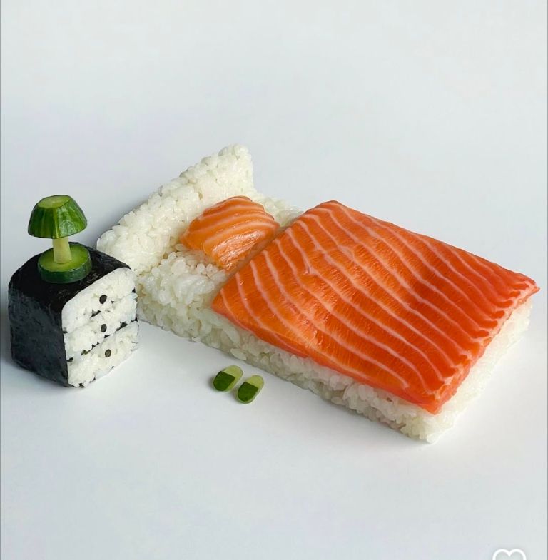 Tiny bedroom scene made of sushi ingredients