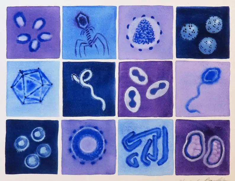 watercolor grid of virus images in purple and blue 