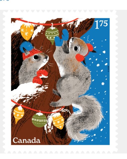 Postage stamps with 2 squirrels decorating their tree 