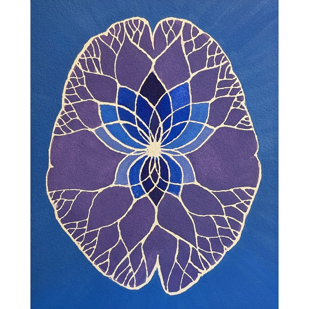 watercolor brain with blue and purple lotus motif 