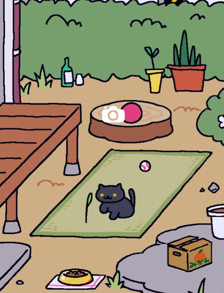 Cartoon backyard from Neko Atsume  with a single gray cat playing with a toy
