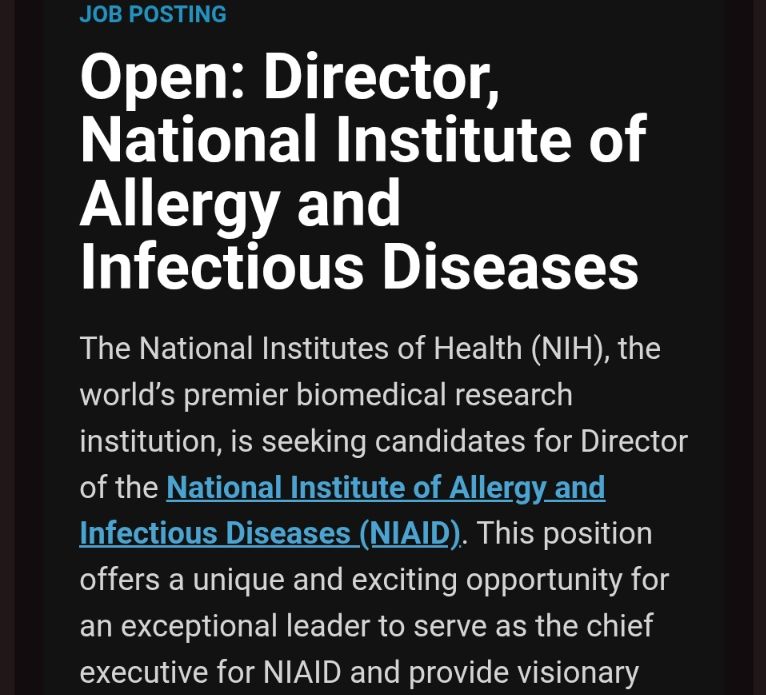 Job posting open director of National institute of allergy and infectious diseases. The NIH is seeking candidates for director of the National institute of allergy and infectious diseases niaid