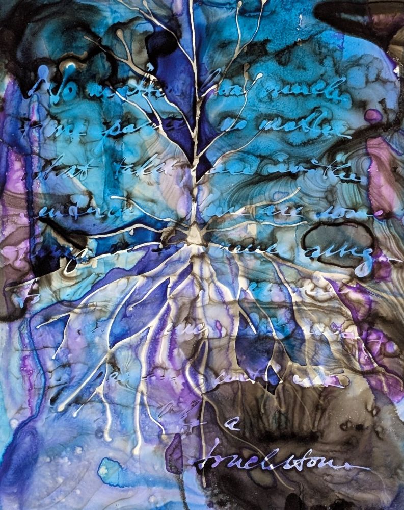 purple and blue ink painting with neuron and semi-visible text 