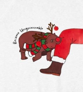 Illustration of moo deng the hippo wearing antlers and biting Santa's leg
