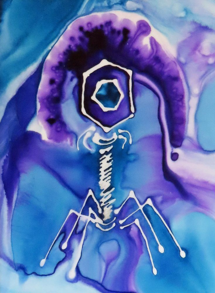 ink painting of bacteriophage in blue, purple and white 