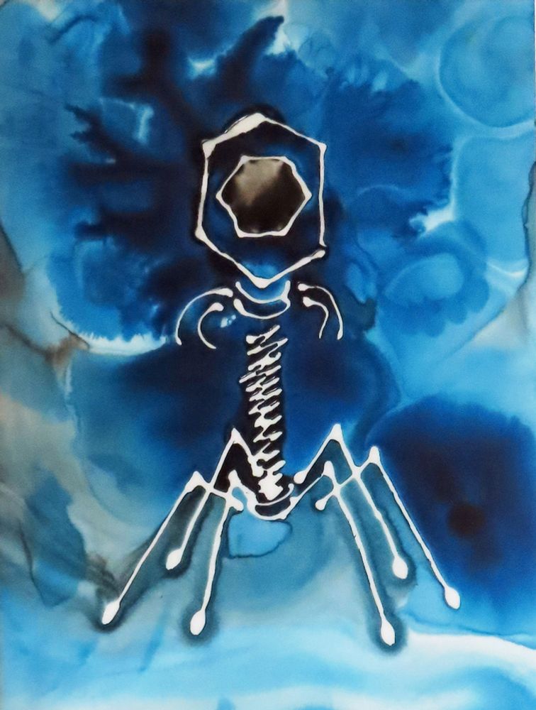 ink painting of bacteriophage in blue, black and white 