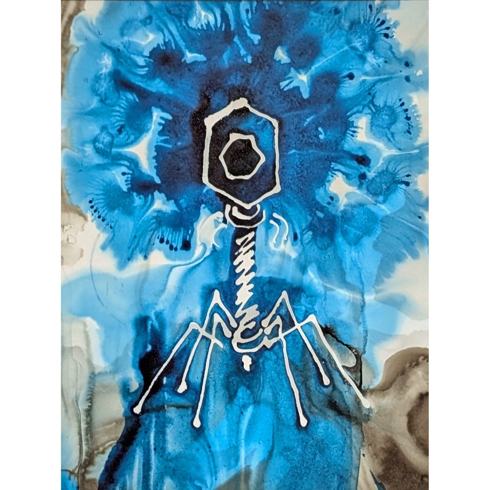 blue and gray ink painting of a phage 