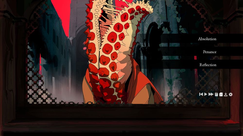 Artwork from the game. A grotesque, monstrous creature is seen outside a window. Three dialogue options appear: Absolution, Penance, Reflection.