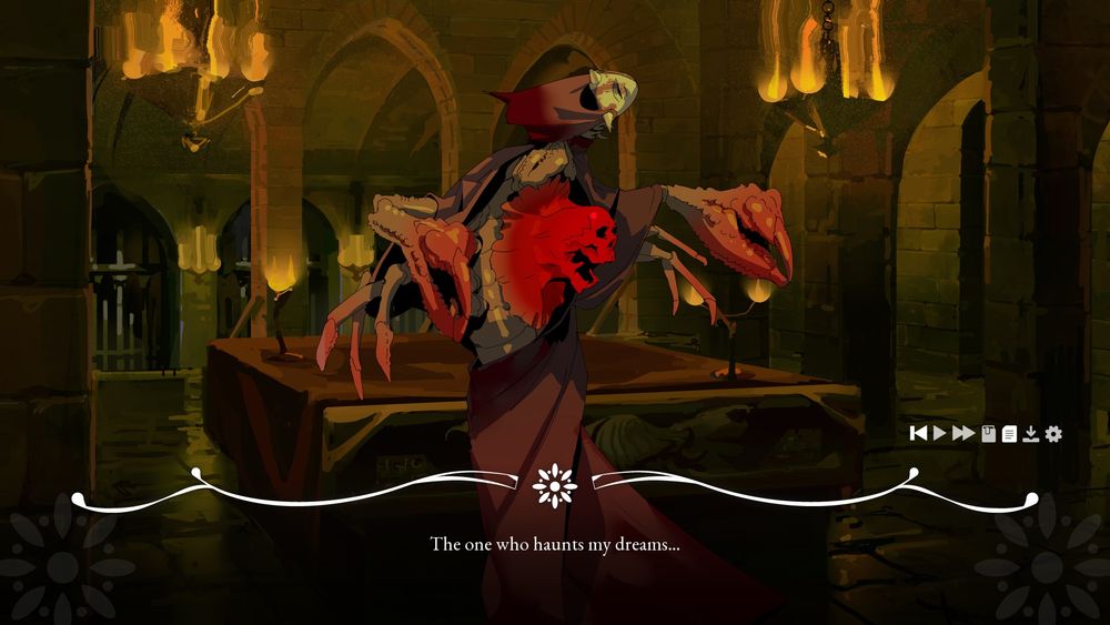 Artwork from the game. A monstrous, grotesque creature stands inside a building with gothic architecture. The dialogue reads: “The one who haunts my dreams.”