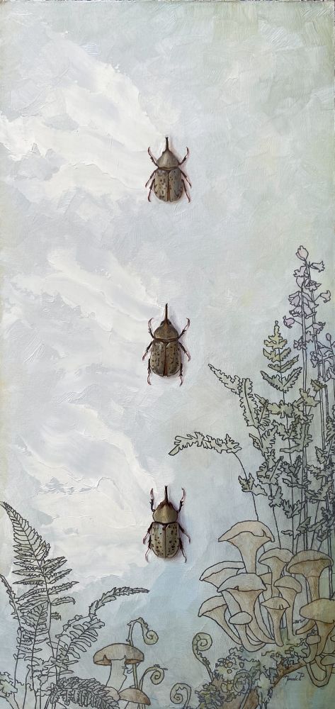 Painting of three Hercules Beatles in a vertical line. The background is a soft gray and white with various ferns, fungus and wildflowers at the bottom.