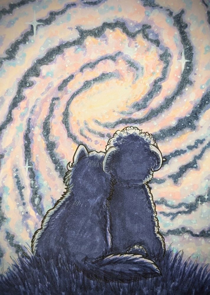 An artwork of two characters leaning together in silhouette, a fat wolf and thinner ram, sitting on top of a grassy hill, gazing at a giant, colorful spiral galaxy taking up the sky in front of them