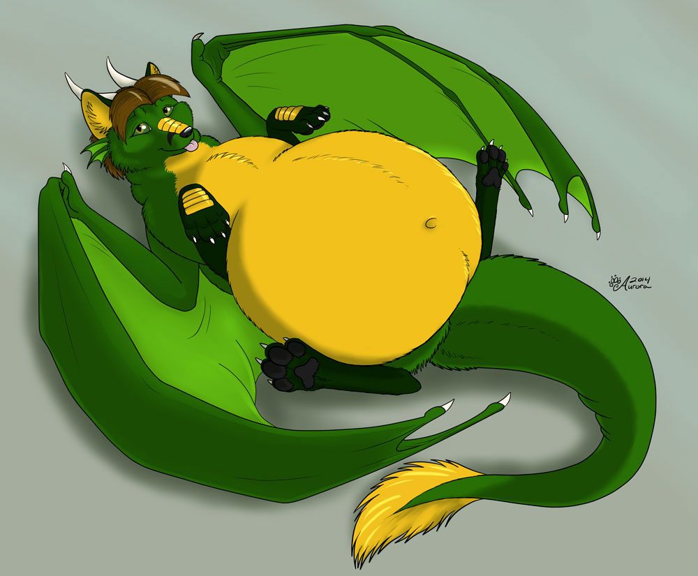 Digital drawing of a chubby green and yellow feral fox-dragon laying back with his huge round belly exposed, showing a playful tongue-out expression.