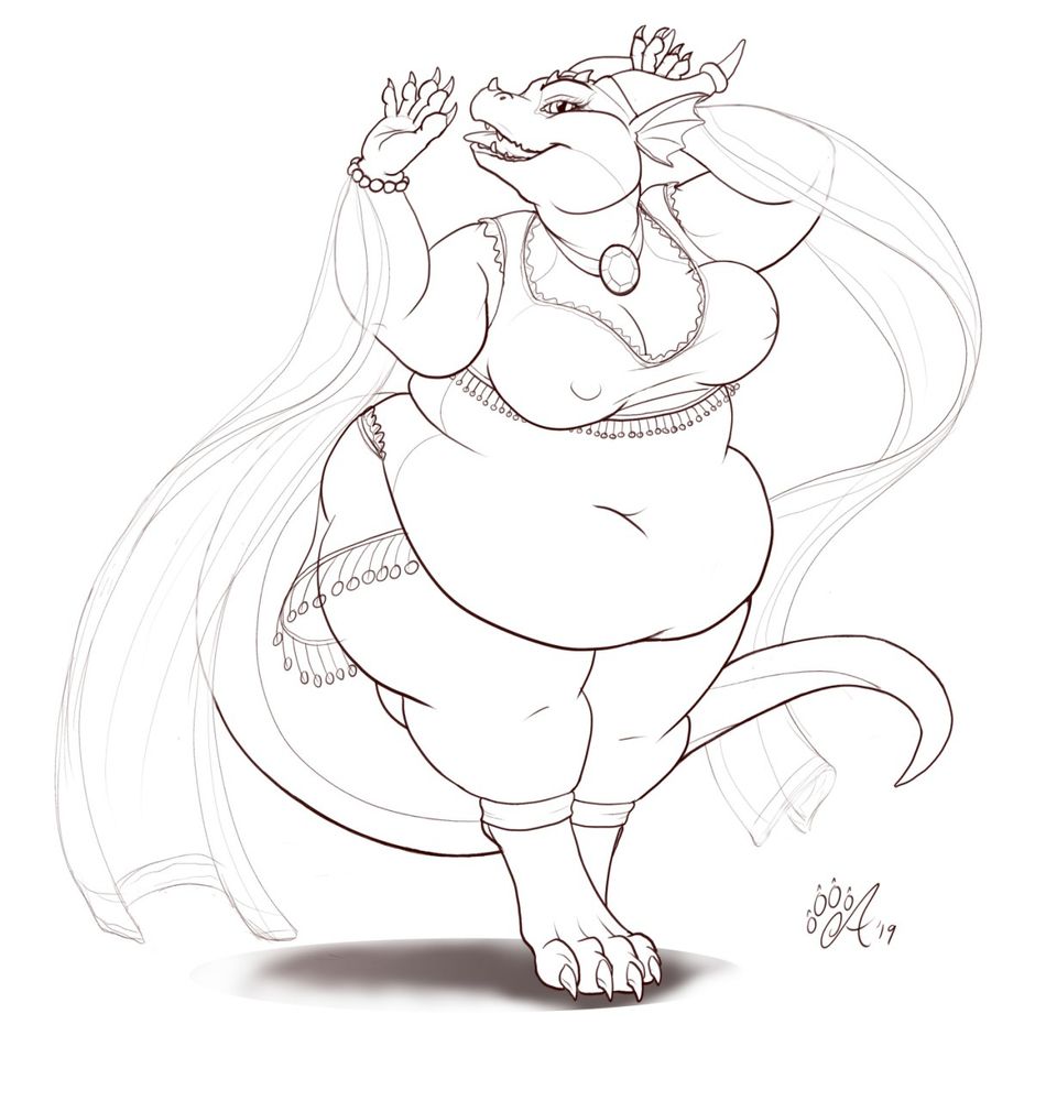 Digital line art of a large and voluptuous Kobold (dragon/lizard type) belly dancing with a playful tongue-out expression