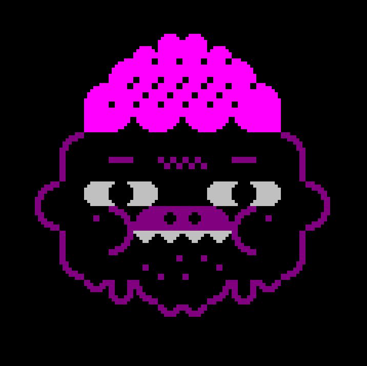 Picture is the face a character. It got wide eyes, a pig nose, sharp teeth, big cheeks, purple short curly hair, dark skin outlined in dark purple with sparse dots. Overall it looks harmless, it is stylized, being drawn with semigraphics characters.