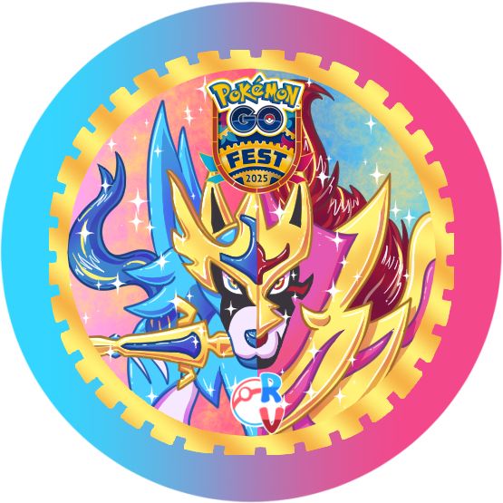A splitscreen of shiny Zacian and Zamazenta in their Crowned Forms, looking very glittery with the Go Fest 2025 logo up top. The smaller logo at the bottom is for my local pokemon Go meetup. 
