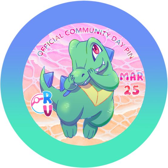 A shiny totodile set on a sunset-colored water background.