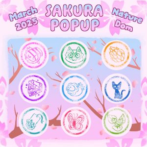 A stamp rally card for the dom push with a sakura theme and nine colorful stamps.
