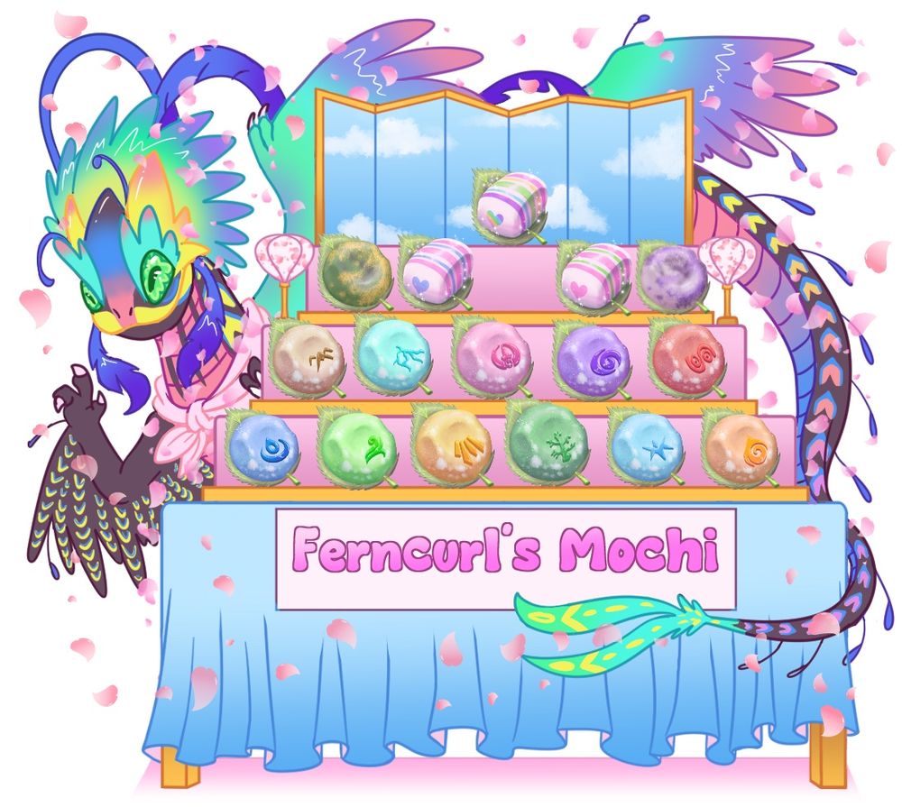 A rainbowy auraboa hatchling waves at the viewer from behind a colorful booth filled with mochi. The booth is titled “Ferncurl’s Mochi”. 