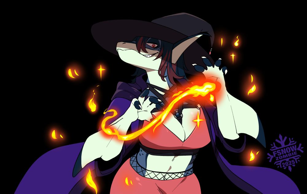 A shark character wearing a purple cloak with pink top and skirt casting a trail of fire magic from her hands as she gives you a menacing grin.