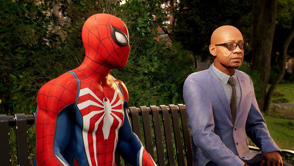 spider-man sitting with "grandpa earl" during a side mission in marvel's spider-man 2