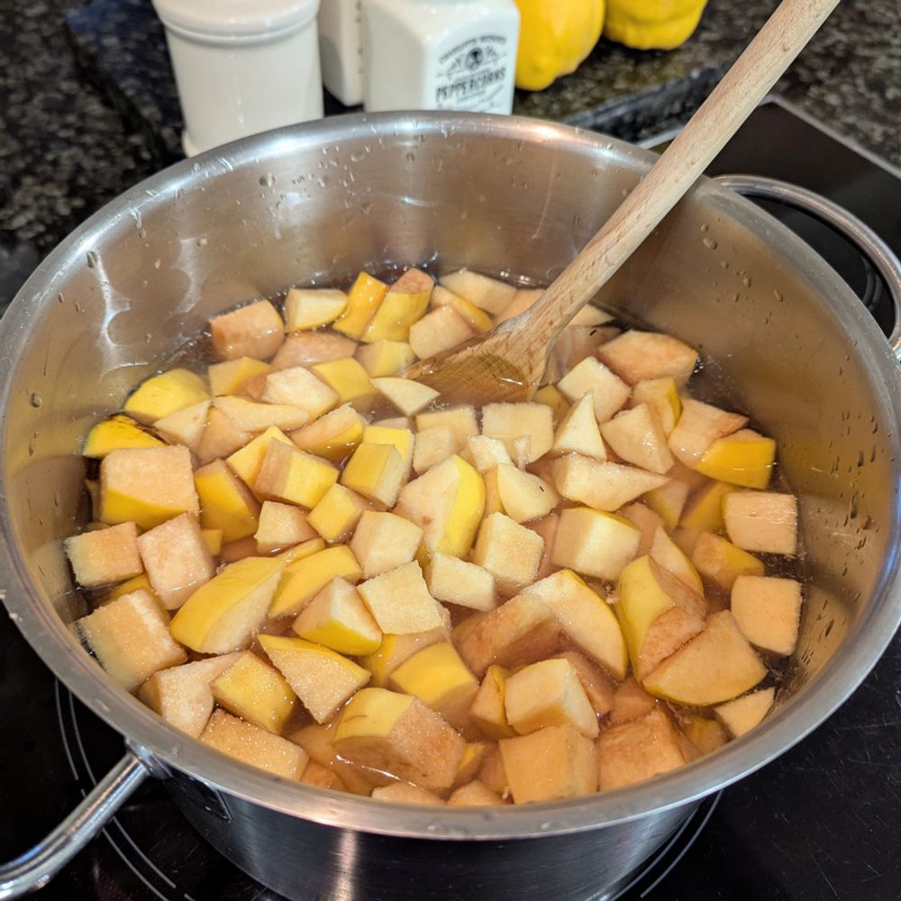 Chopped up quince in a pan of water