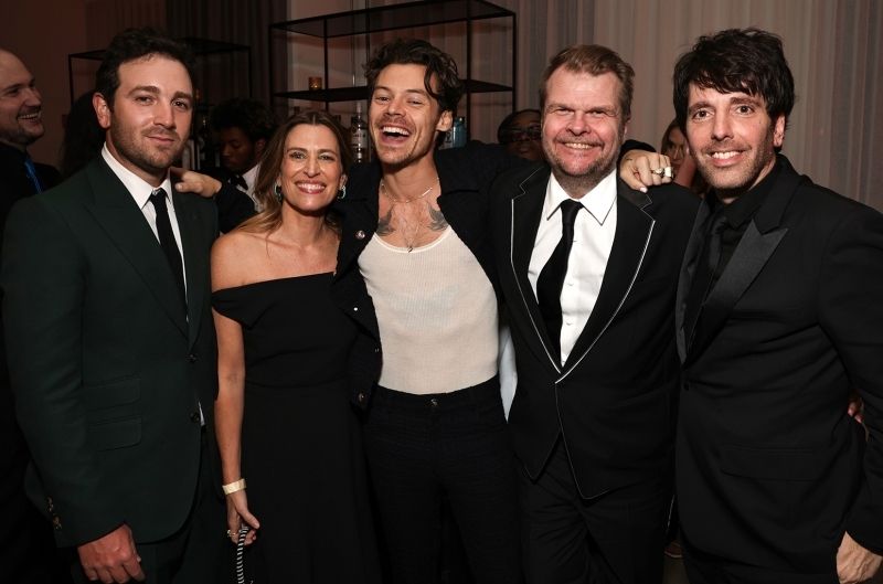 A picture of Harry Styles with Jeffrey Azoff, Jenifer Mallory, Rob Stringer and Ron Perry at the Sony GRAMMYs after party