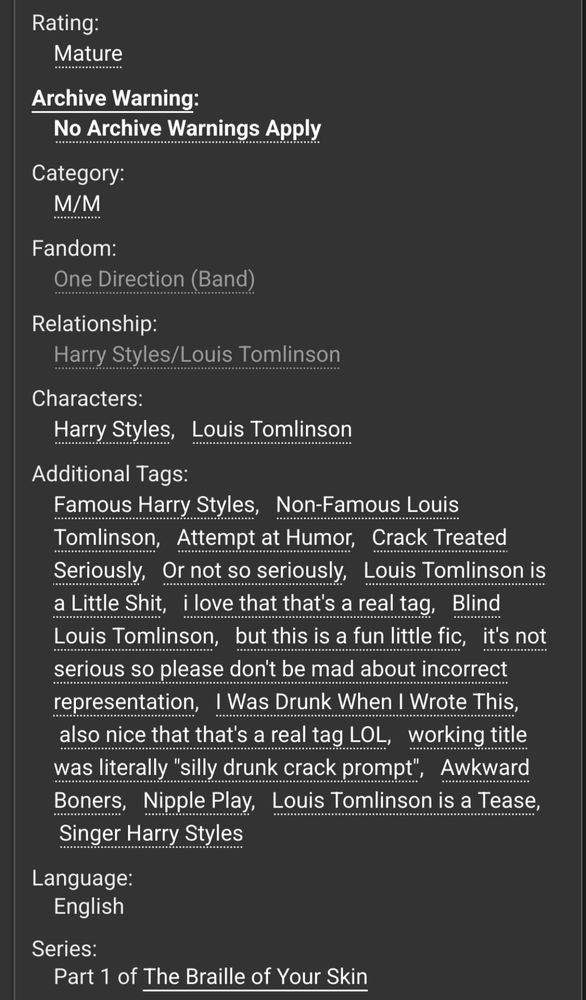 Tags and information about the fabric story "Your Fingers Read Me Like A Headline" by paradise_is_getting_closer