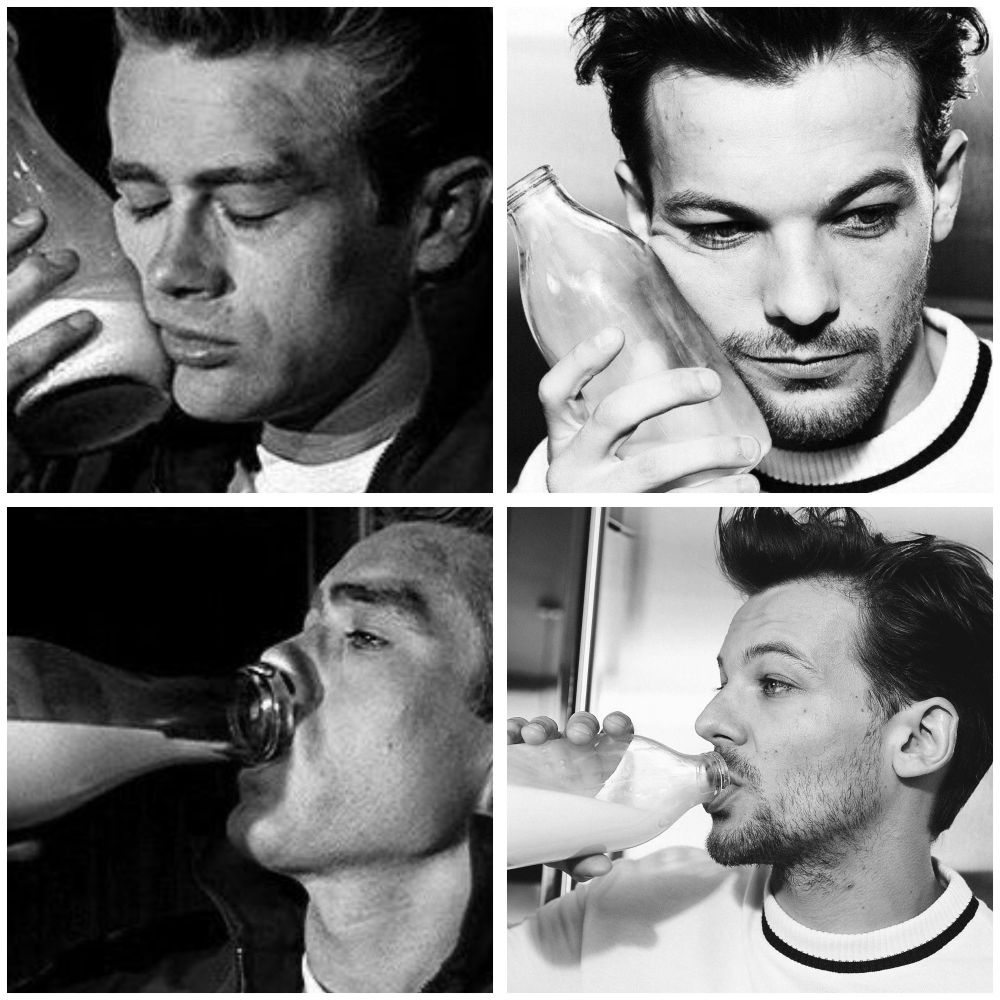 Compilation of pictures of James Dean and Louis Tomlinson drinking milk, drawing a connection to Dean's movie "Rebel Without a Cause"