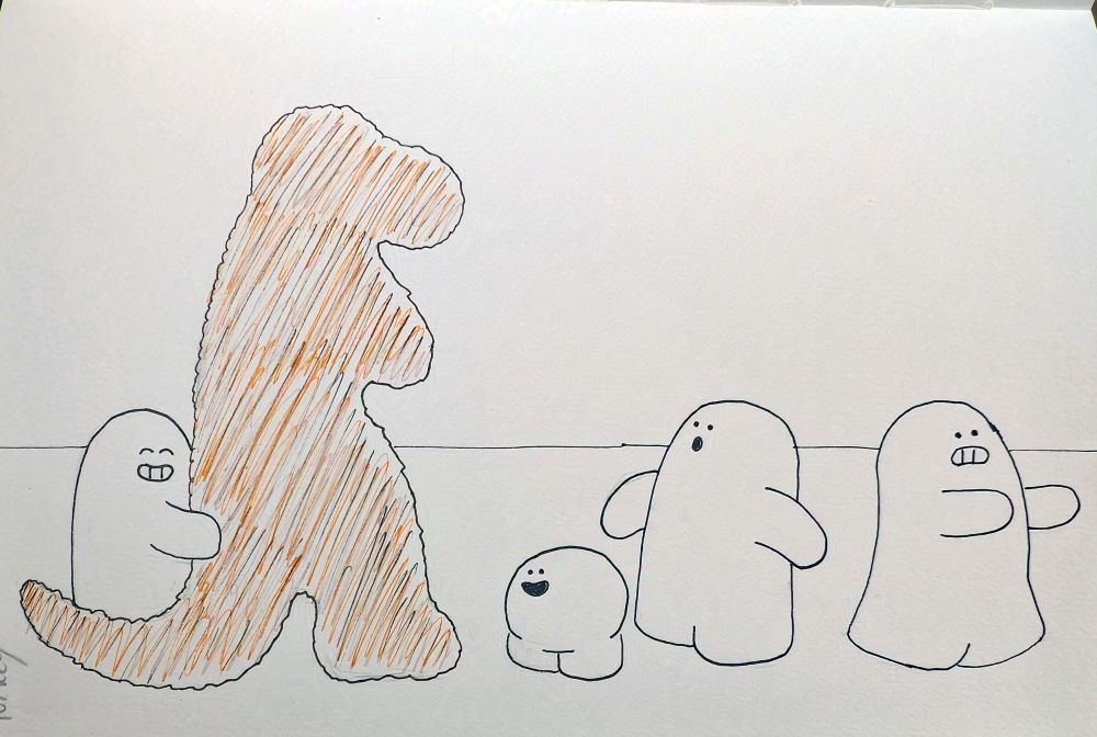 A Mashu with a big grin on his face is holding up a turkey dinosaur in the shape of a T. Rex. A small Mashu looks up at it admiringly, while two other Mashu look scared and run away.