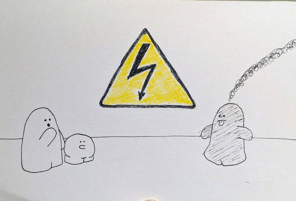 A high voltage sign is stuck to a wall. To the left a Mashu and a small Mashu look concerned as another Mashu, looking dazed, charred black, and with smoke rising from their head, returns from their adventure beyond the sign to the right.