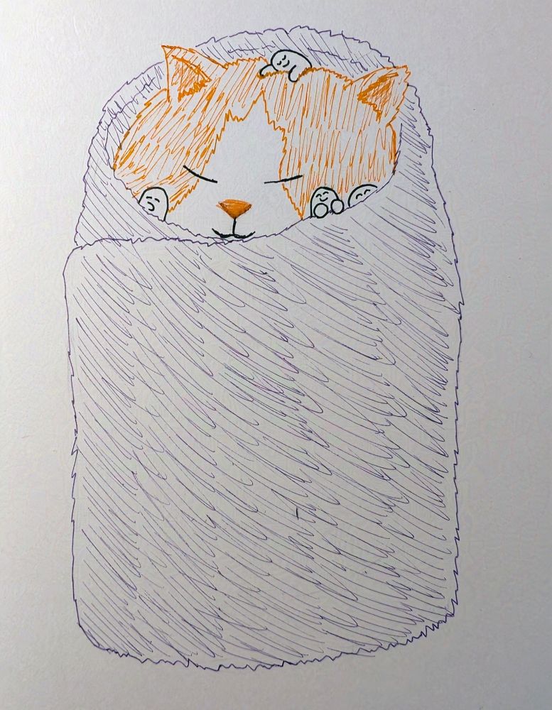A cat wrapped in a blanket, burrito style, with just their head visible at the top. Three Mashu are snuggled into the cat's cheeks and a fourth is laying on their head.