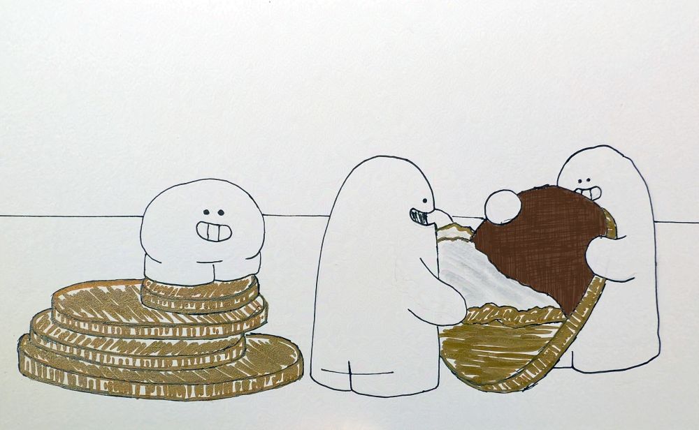 A Small Mashu stands on top of a pile of gold coins, watching as two others pull the foil off another coin, revealing it to be chocolate underneath. All three are very happy about this.