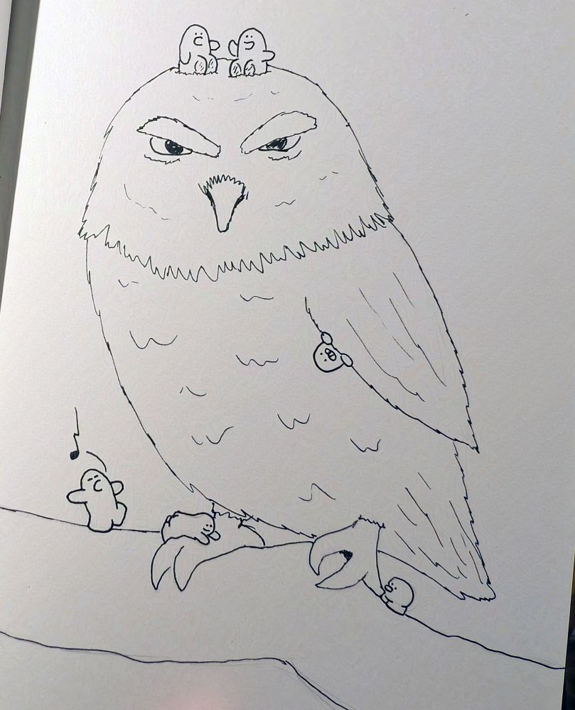 A grumpy looking owl sits on a branch. Two Mashu are sat on their head having a loud conversation. Another marches along the branch singing badly. A fourth is clambering over one of the owls feet. A small Mashu is about to lick the other foot.