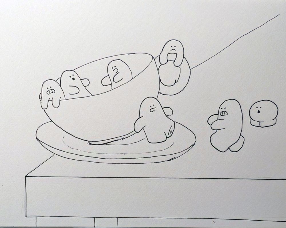 Three Mashu are in a fine china cup, with a fourth perched on the handle, and a fifth tripping backwards and bumping into the cup. The cup is wobbling precariously on its saucer, very close to the edge of the table. A Mashu is running across the table to try and help while a small Mashu looks on with a shocked expression.