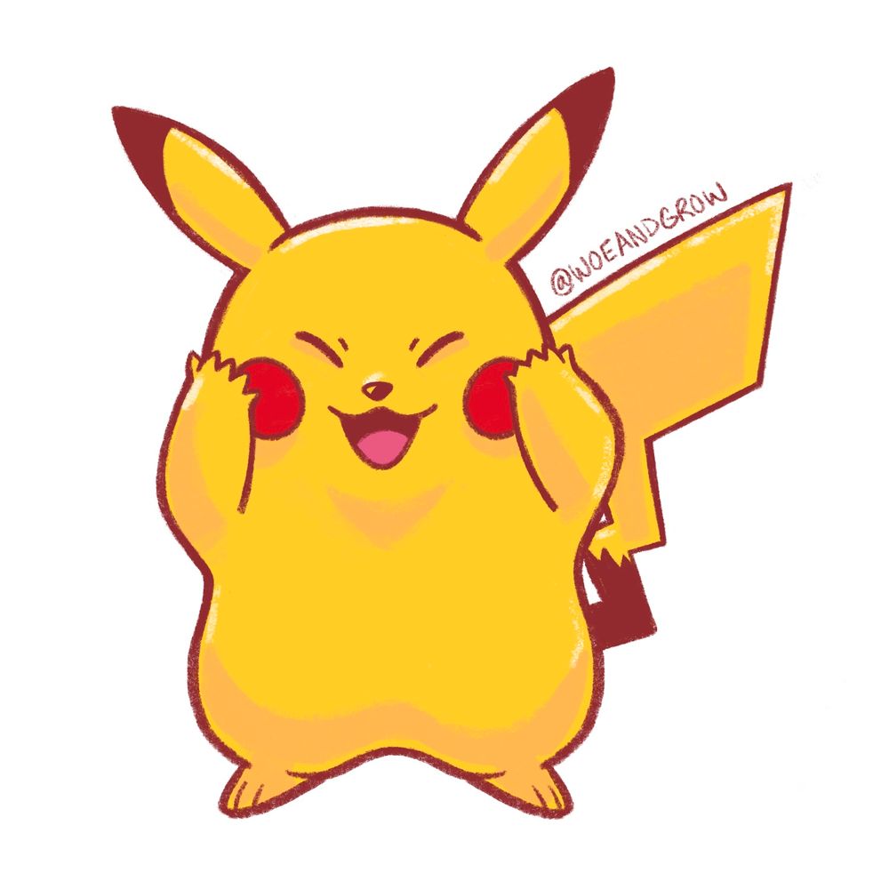 Digital art of a Pikachu with a joyful expression holding its cheeks