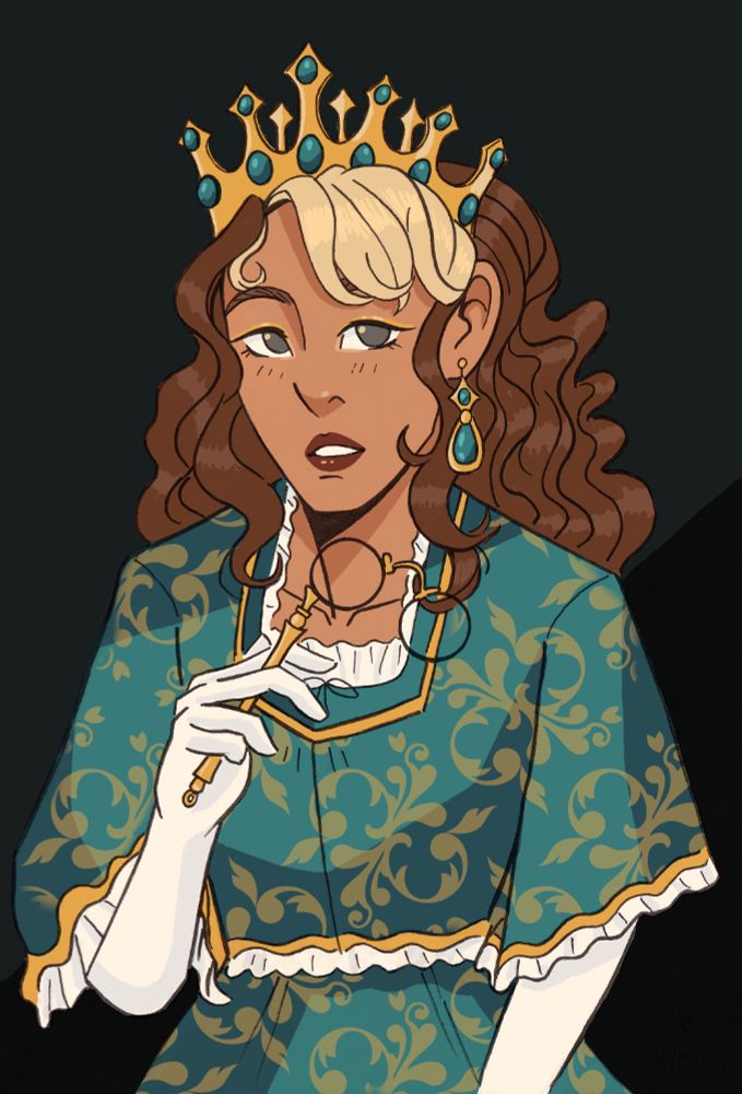 Digital art of a princess character with a crown, elaborate dress and jewels and holding a pair of opera-like glasses